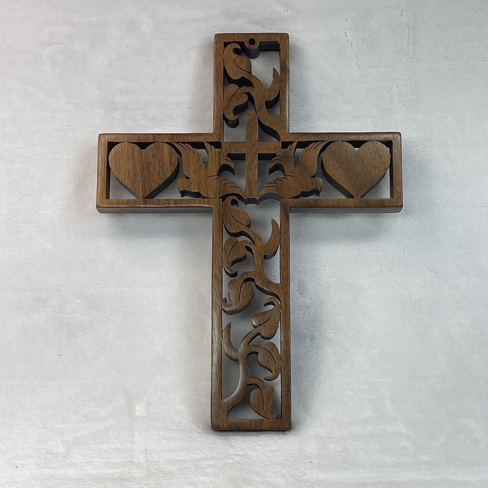 Ornate Carved Wood Wall Cross Heart & Dove Motif Religious Decor